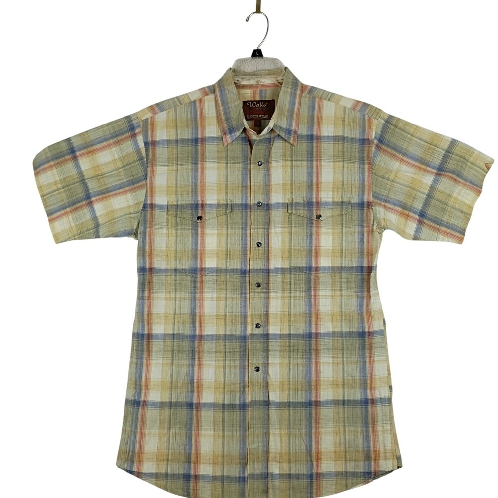 Vintage Walls Ranch Wear Western Pearl Snap Shirt Mens Large Yellow Plaid Cotton